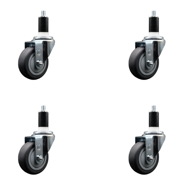 3.5'' SS Thermoplastic Rubber Wheel Swivel 1-3/8'' Expanding Stem Caster Set, 4PK